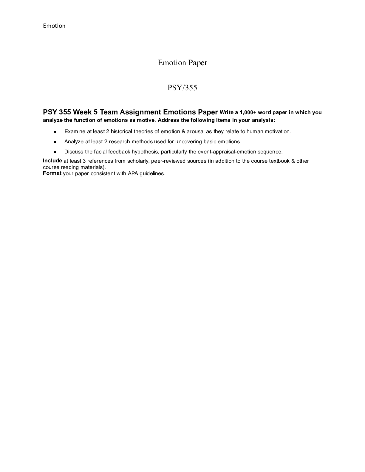 Preview of PSY 355 Week 5 Team Assignment Emo    Emotion Paper  PSY/355  PSY 355 Week 5 Team Assignme